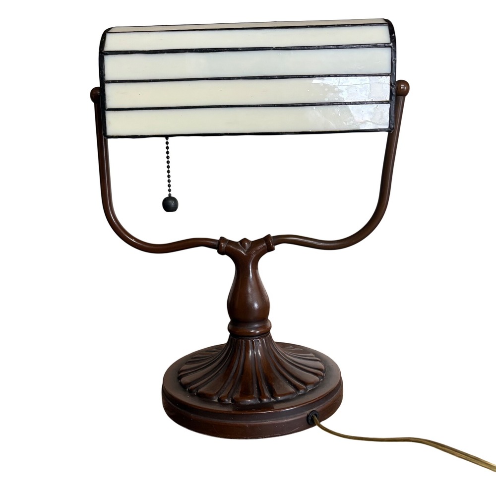 Vintage Tiffany Style Stained Glass Bankers Desk Lamp Floral Butterfly Victorian - Picture 6 of 16